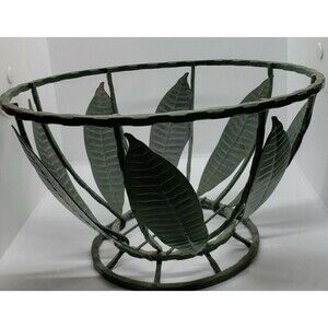 Wrought Iron Fruit Basket with green hand painted leaves ~Vintage~